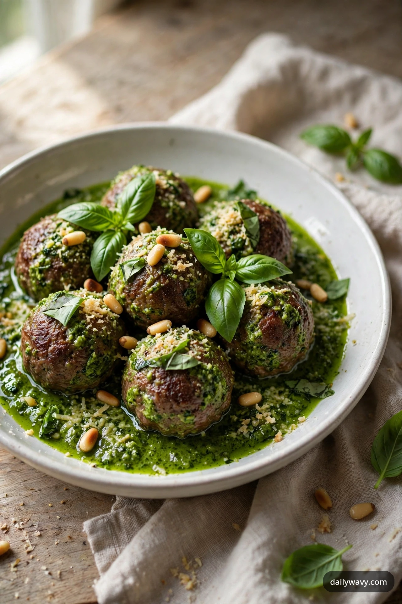 Beef meatballs coated in bright green pesto are topped with fresh basil leaves and pine nuts in a white plate.