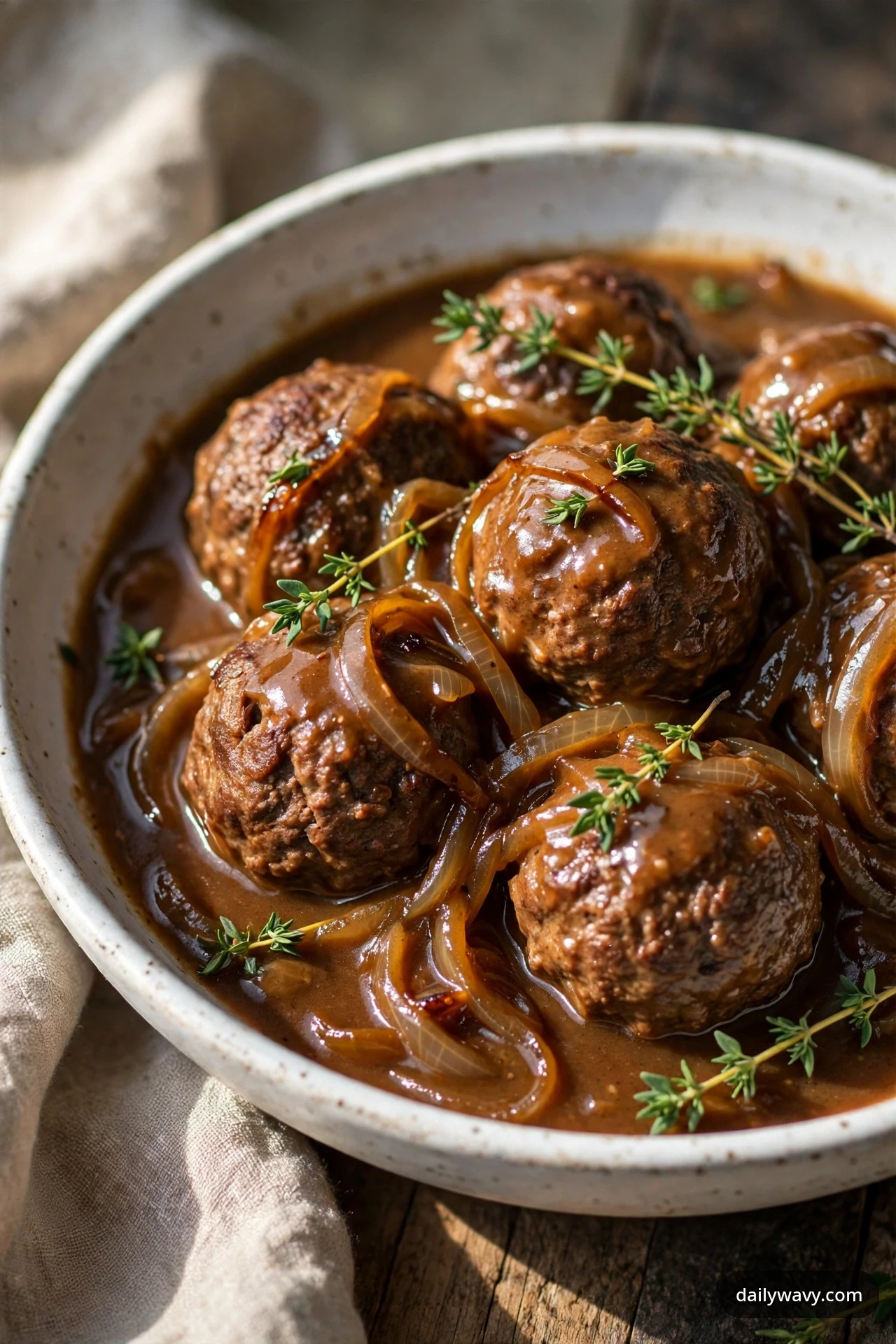 Beef meatballs simmer in rich onion gravy with caramelized onion slices in a white bowl, finished with fresh thyme sprigs.