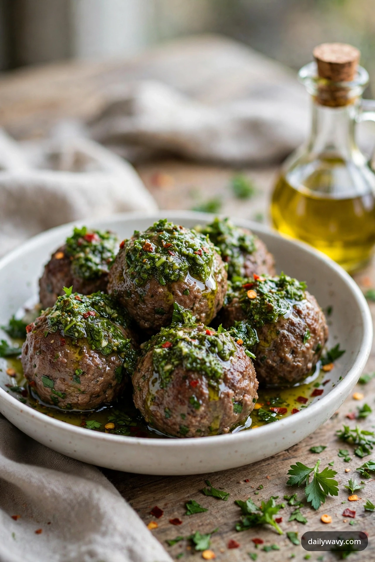 Beef meatballs are spooned with fresh green chimichurri in a white bowl, with chopped herbs and a cruet of olive oil on the wooden table behind.