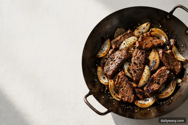 Beef stir fry in a hot wok with glossy sauce, served over rice