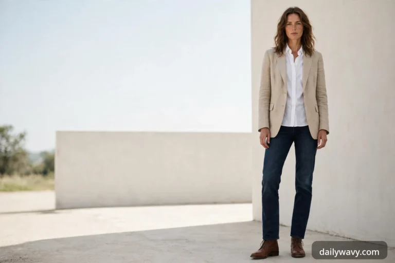 Model wearing a beige blazer over a white cotton shirt with dark jeans and brown ankle boots, standing in natural daylight