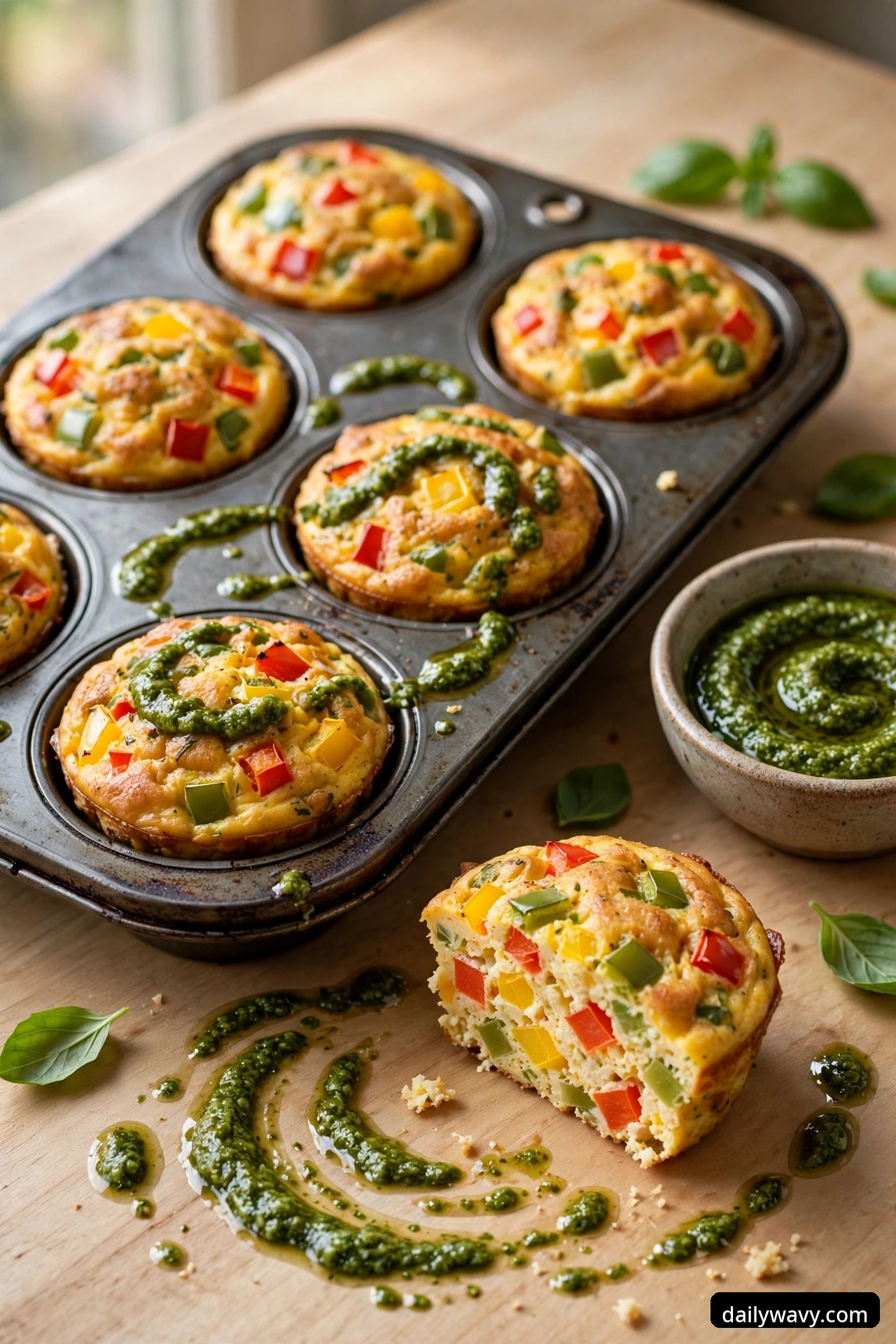 Bell pepper egg muffins in a muffin tin have green basil pesto swirled over their tops, with a small bowl of pesto beside the tin and one muffin cut open showing the pepper-filled interior