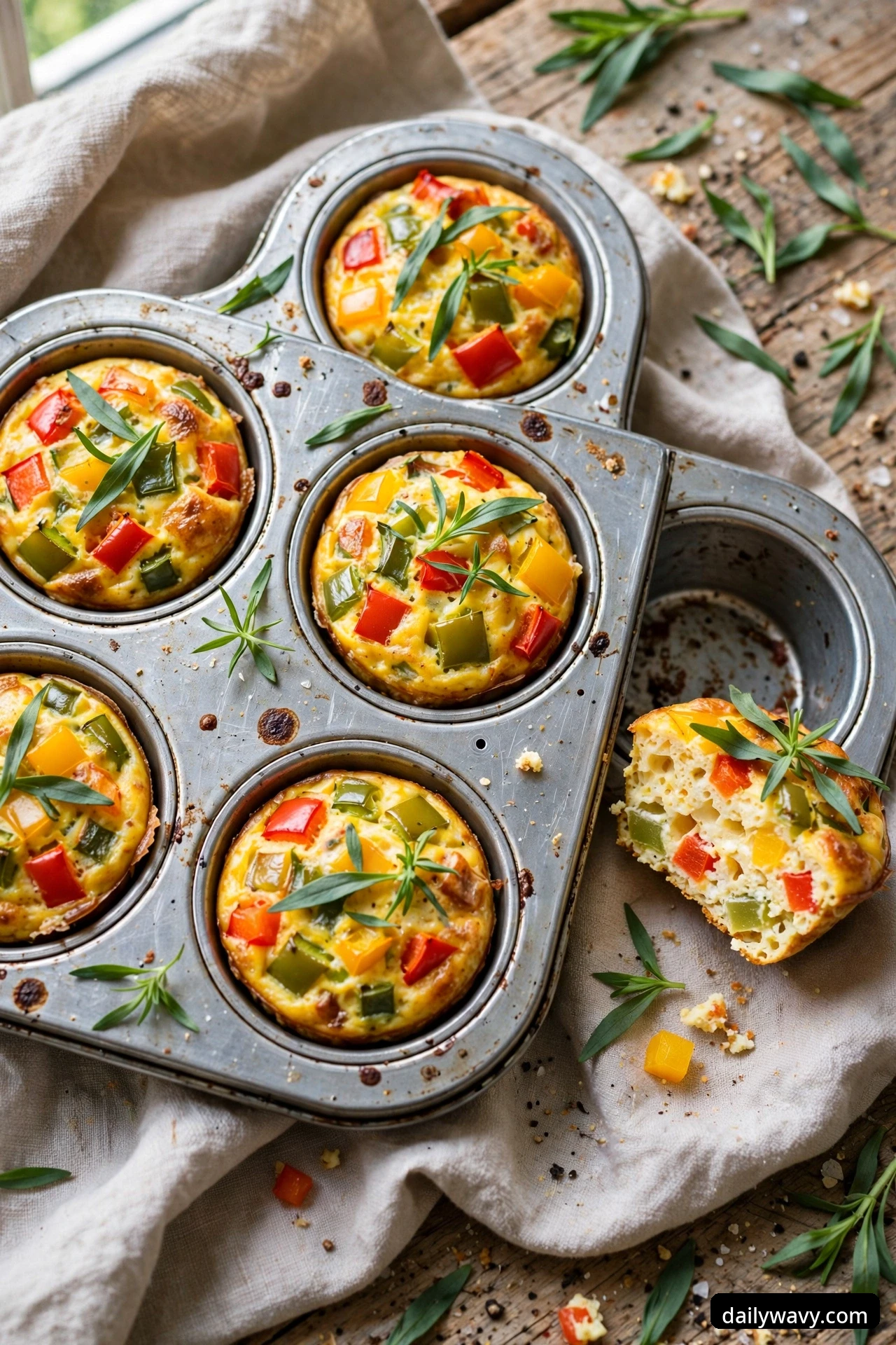 Bell pepper egg muffins topped with fresh tarragon leaves sit in a muffin tin, with one muffin cut open beside the tin showing the pepper dice inside
