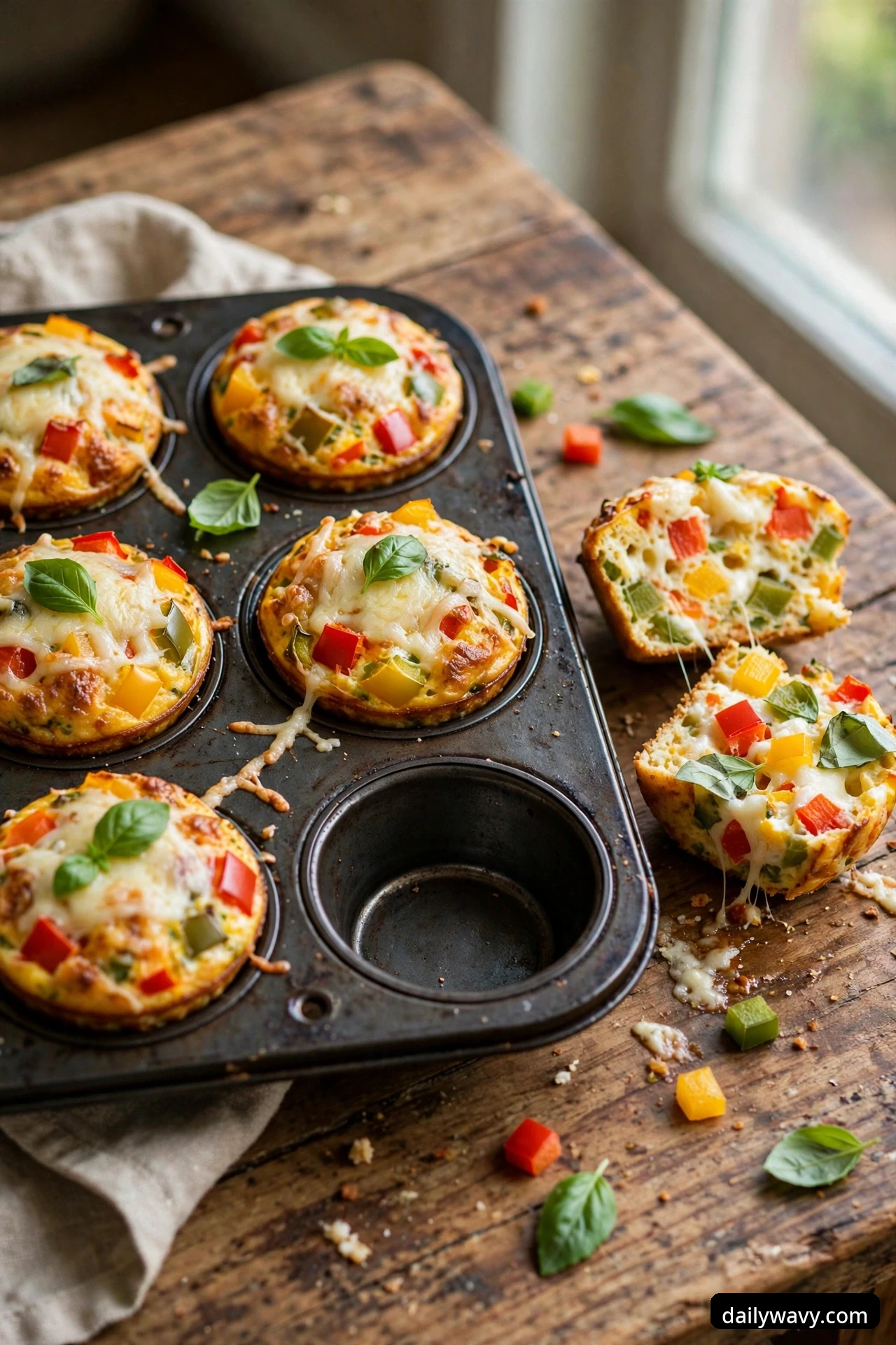 Bell pepper egg muffins topped with melted mozzarella and fresh basil leaves sit in a muffin tin by a window, with one muffin halved on the table showing a stretchy cheese pull