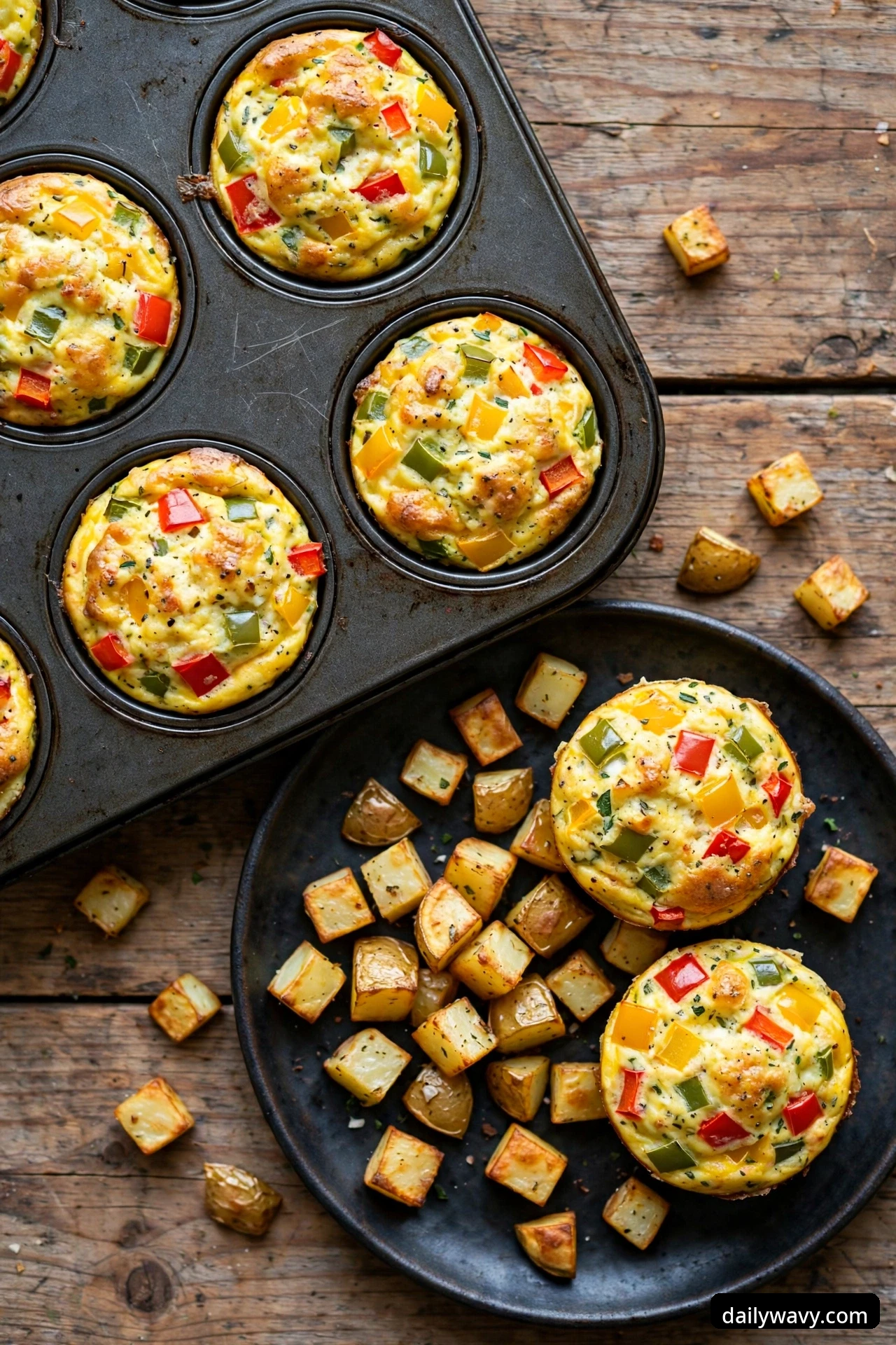 An overhead view shows bell pepper egg muffins in a muffin tin beside a dark plate holding two muffins surrounded by golden roasted potato cubes
