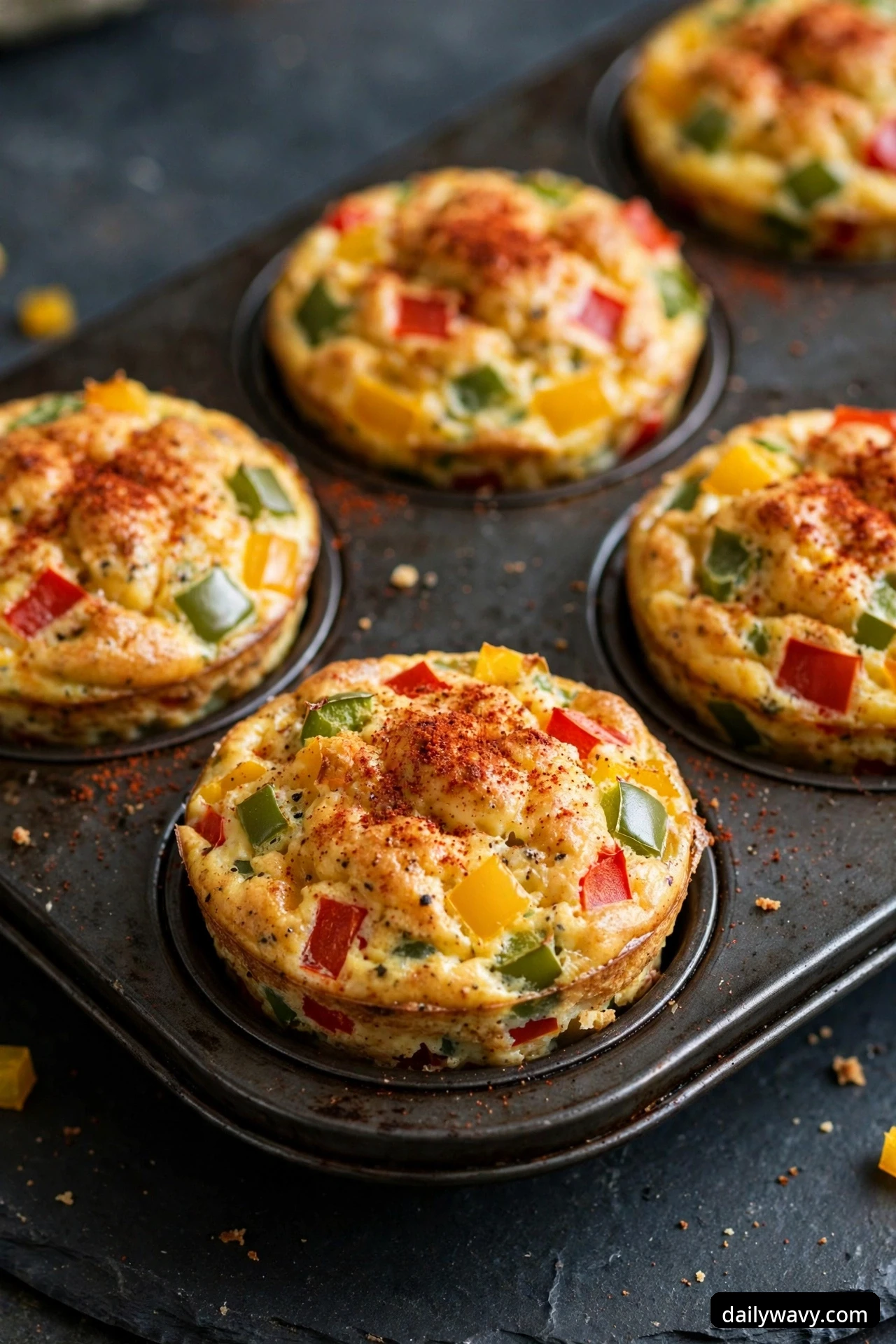 Bell pepper egg muffins dusted with red smoked paprika sit in a dark muffin tin, with red, yellow, and green pepper dice showing through the golden tops