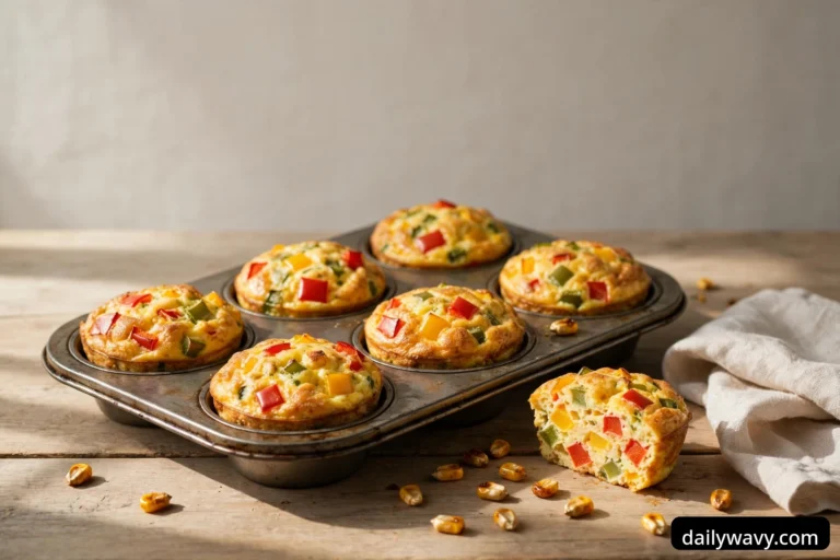Six bell pepper egg muffins studded with diced red, yellow, and green peppers sit in a muffin tin on a wooden table, with one muffin cut open beside the tin showing the pepper-filled interior and roasted corn kernels scattered around