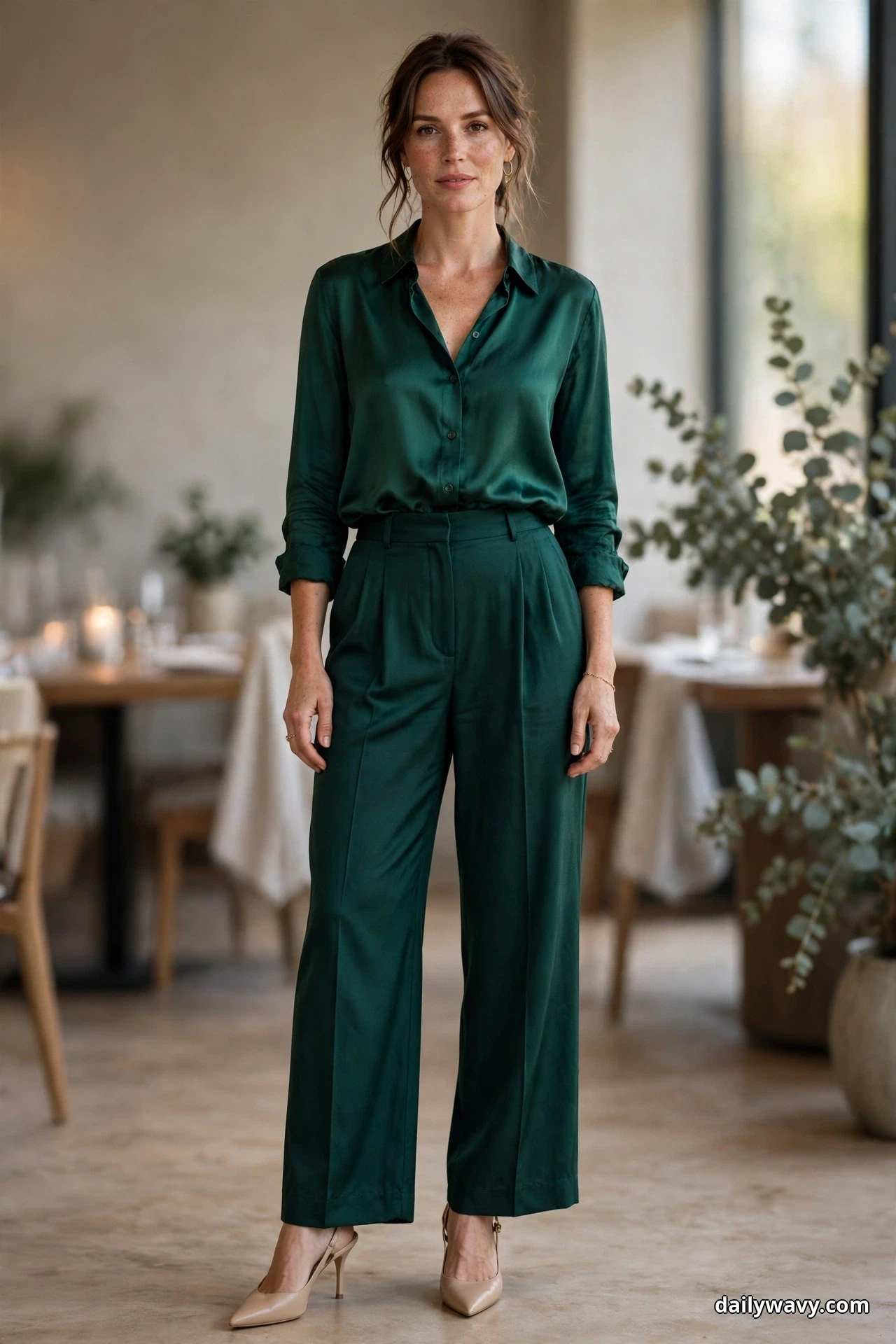 A woman stands full length in a restaurant dining room wearing an emerald satin button blouse with the sleeves pushed up, tucked into matching emerald wide-leg trousers, with nude pointed-toe heels