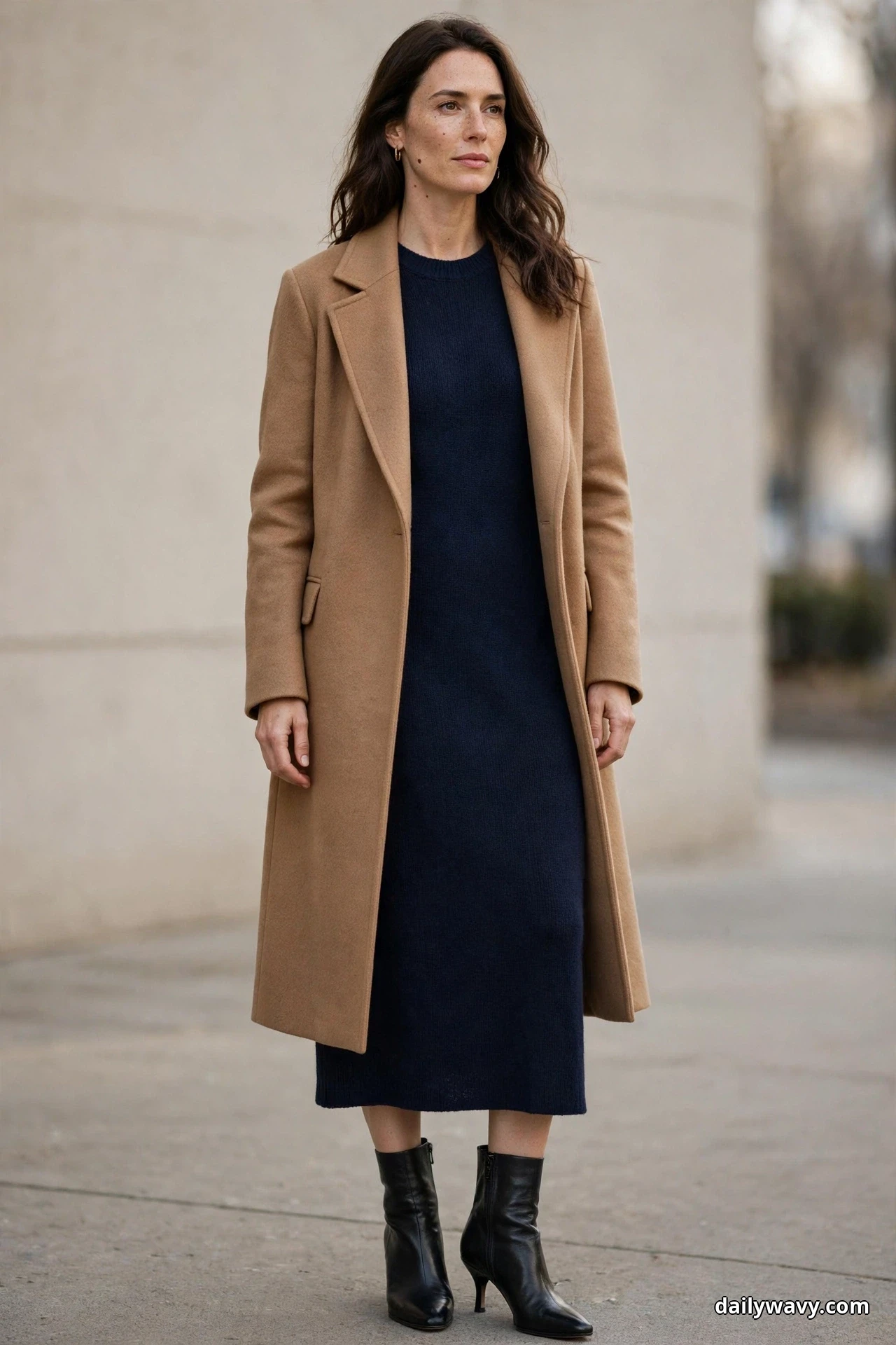 A woman stands full length outdoors wearing a navy knit midi dress under a long camel wool coat worn open, with black heeled ankle boots