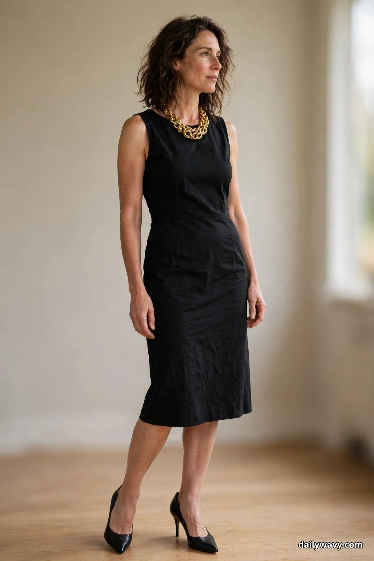 A woman stands in a three-quarter turn indoors wearing a sleeveless black sheath midi dress with a chunky gold chain necklace and black pointed pumps