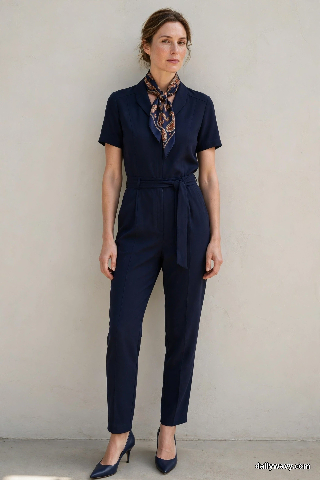 A woman stands full length against a plain cream wall wearing a navy short-sleeve jumpsuit with a self belt, a patterned paisley scarf tied at her neck, and navy pointed pumps