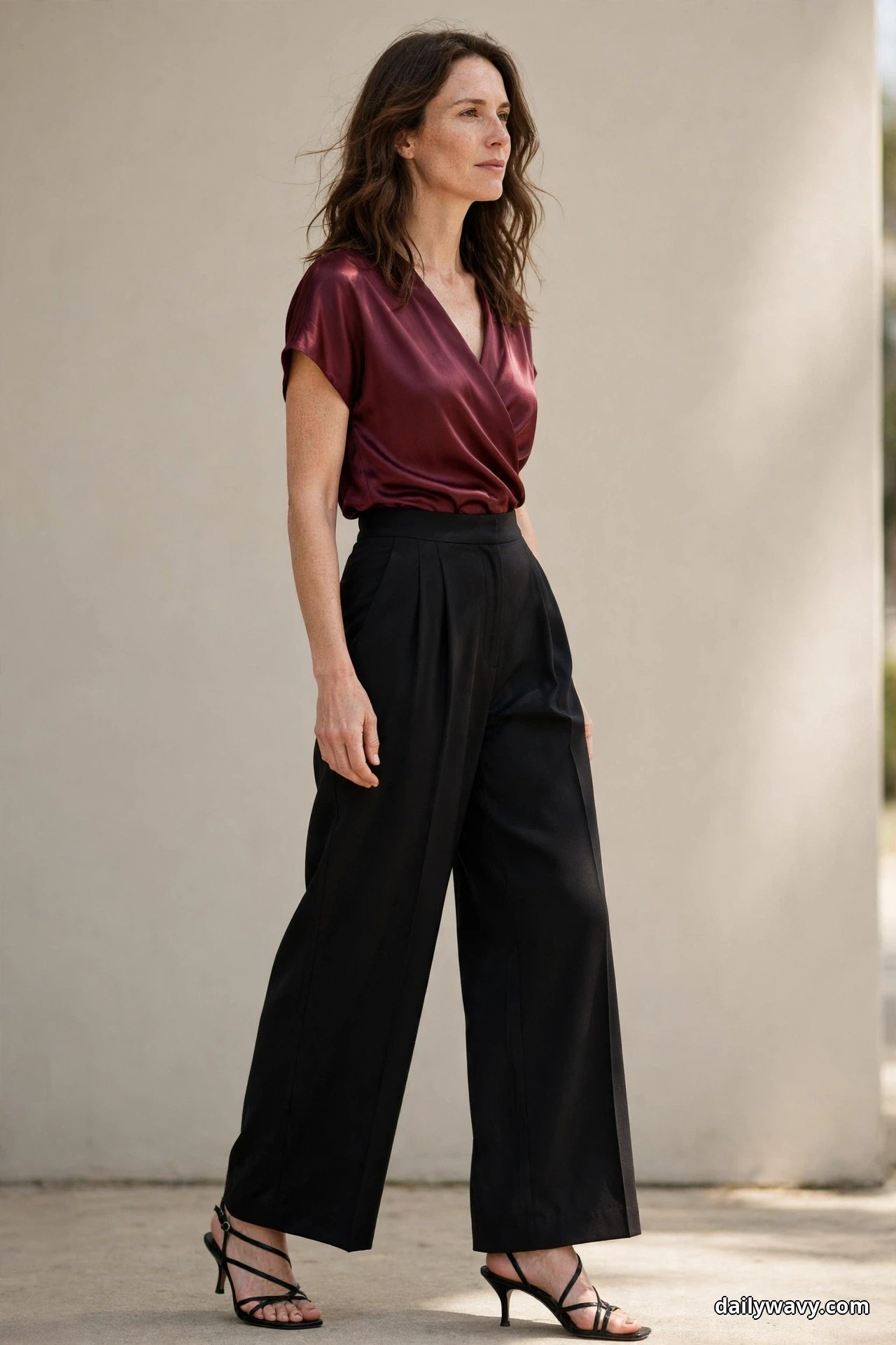 A woman stands in a three-quarter turn against a plain beige wall wearing a burgundy satin wrap top tucked into wide black trousers, with black strappy heeled sandals