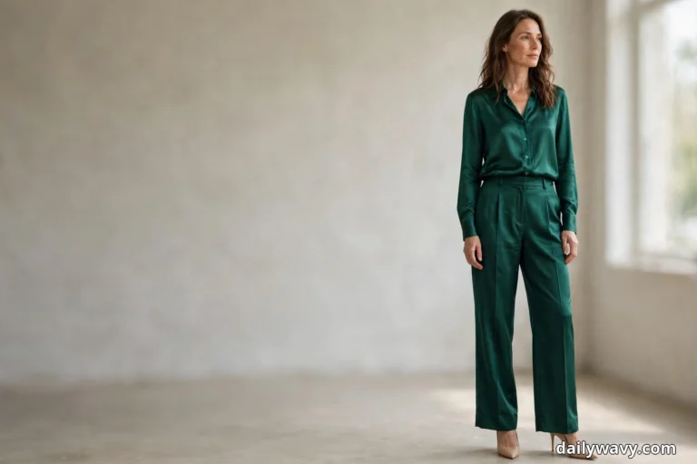 A woman stands full length in a bright room against a plain cream wall wearing an emerald satin button blouse tucked into matching emerald wide-leg trousers, with nude pointed-toe heels