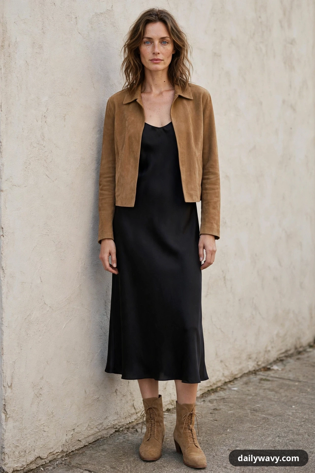 A woman wears a black slip-style midi dress under a cropped camel suede jacket worn open, finished with camel lace-up ankle boots against a stucco wall.