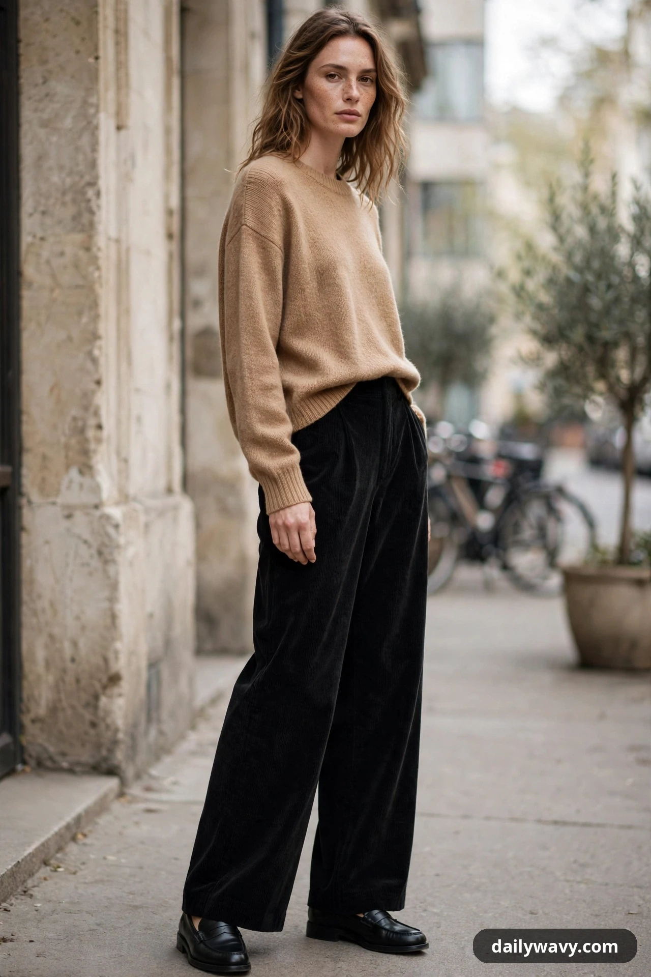 A woman wears a camel crewneck knit sweater with black corduroy wide-leg trousers and black leather loafers on a city street.