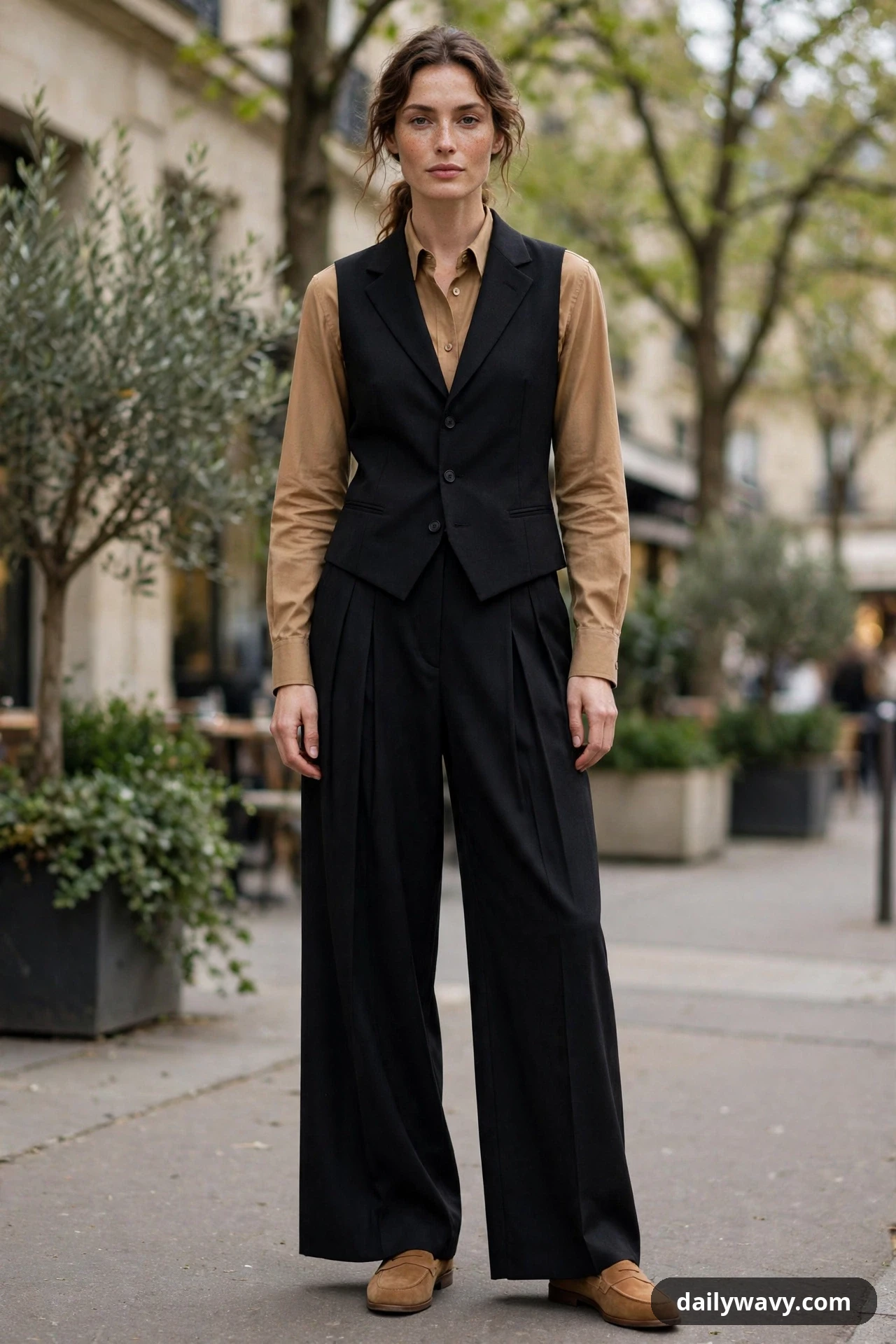 A woman wears a black tailored waistcoat vest buttoned over a camel long-sleeve shirt with black pleated wide-leg trousers and camel suede loafers.
