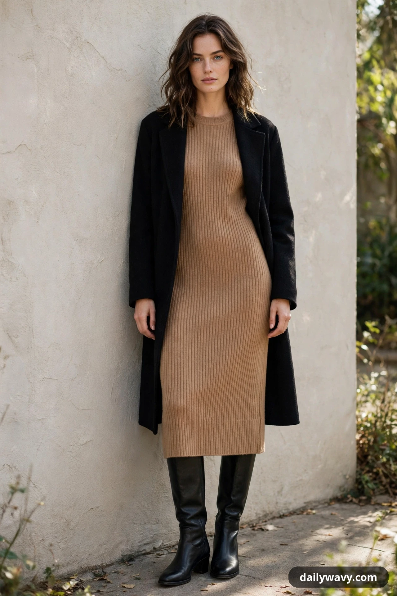 A woman wears a camel ribbed knit midi dress under a black wool coat worn open, finished with black knee-high boots against a stucco wall.