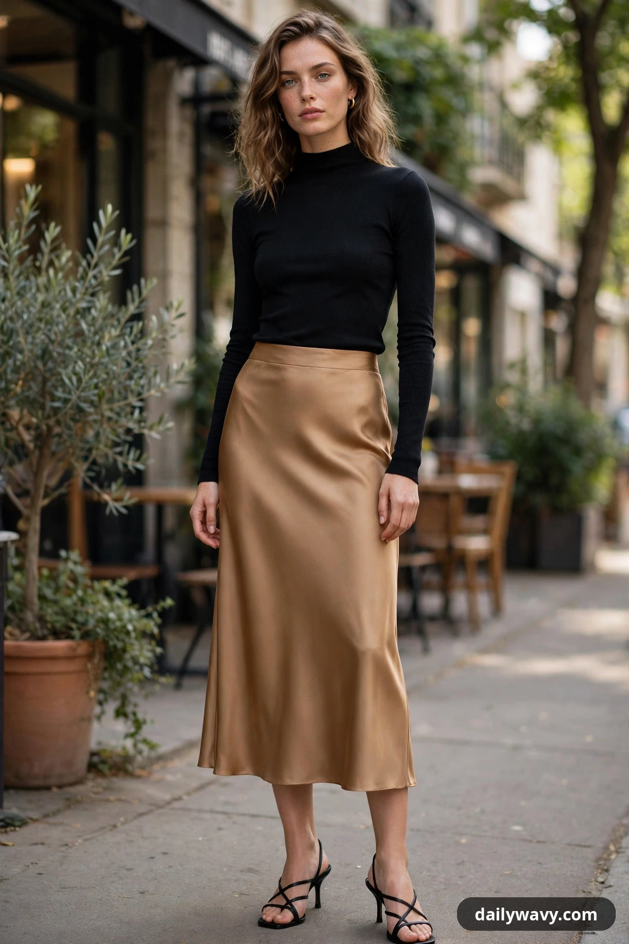 A woman wears a black mock-neck fitted top tucked into a camel satin midi skirt with black strappy heeled sandals outside a cafe.