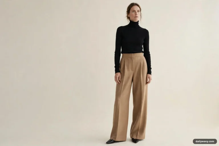 A woman wears a black fine-knit turtleneck tucked into camel pleated wide-leg trousers with black pointed flats against a plain cream backdrop