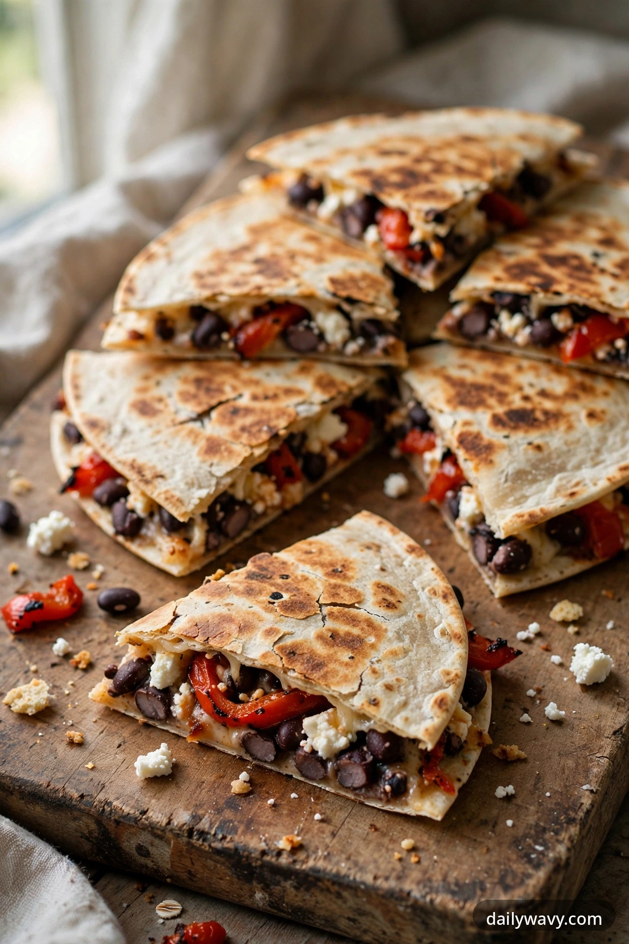 Black bean quesadilla with feta and roasted peppers, cut into wedges on a plate
