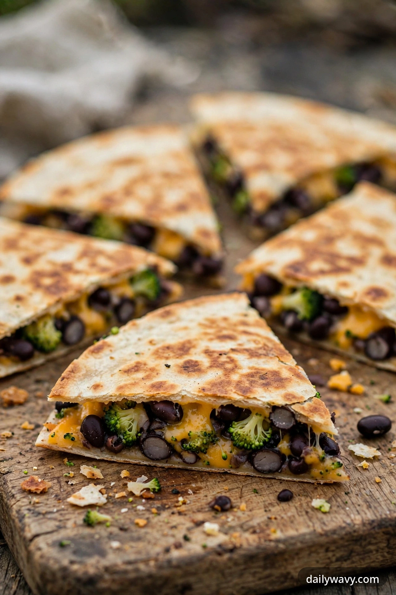 Black bean quesadilla with cheddar and broccoli, cut into wedges on a plate