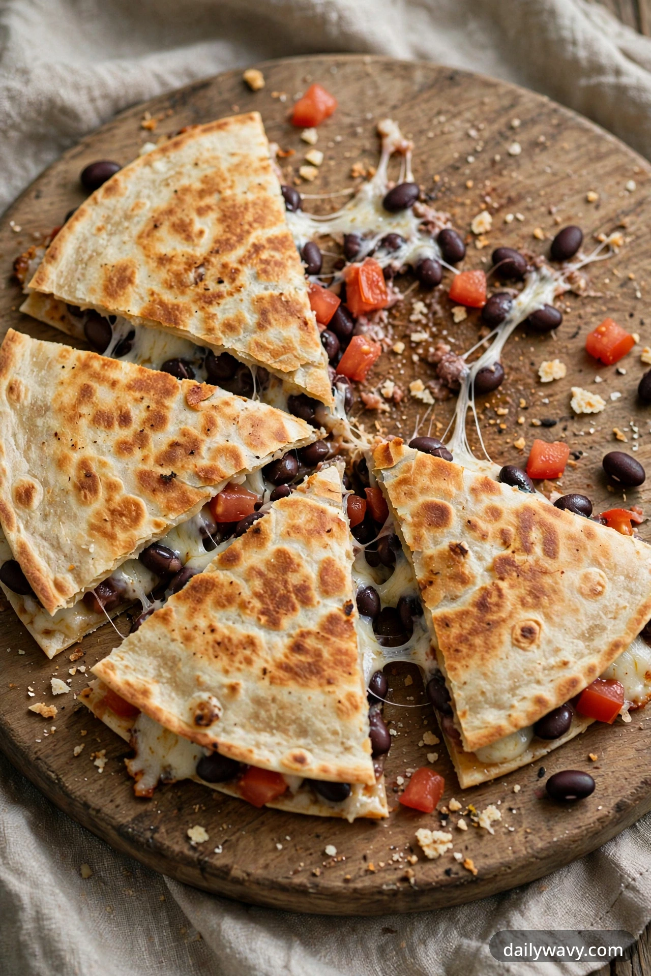 Black bean quesadilla with mozzarella and tomatoes, cut into wedges on a plate