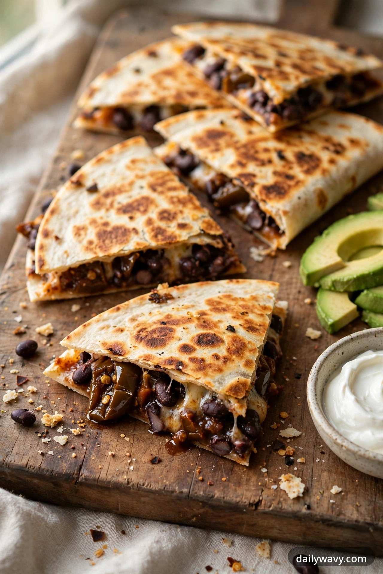 Black bean quesadilla with chipotle and avocado, cut into wedges on a plate