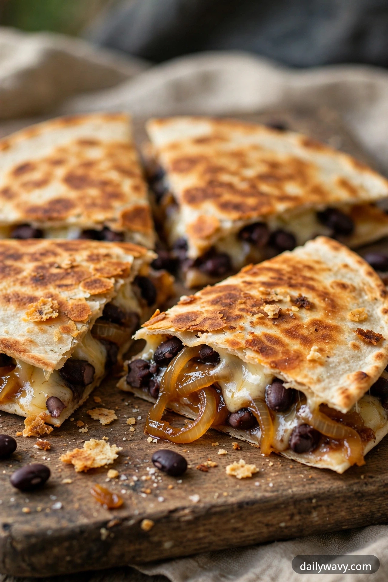 Black bean quesadilla with caramelized onions, cut into wedges on a plate