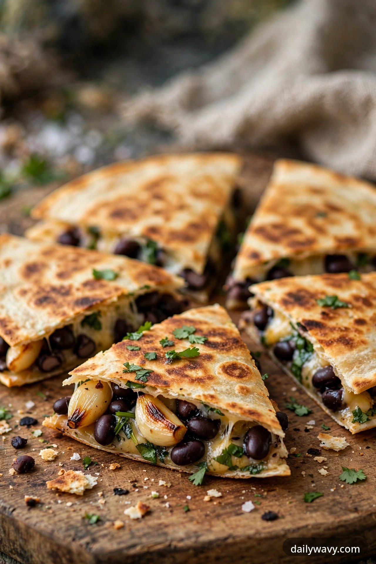 Black bean quesadilla with roasted garlic and herbs, cut into wedges on a plate