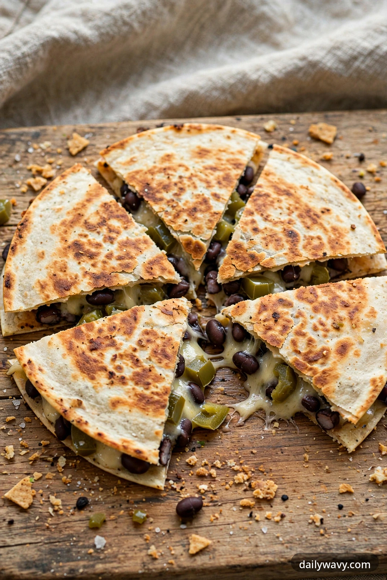 Black bean quesadilla with mild green chiles, cut into wedges on a plate