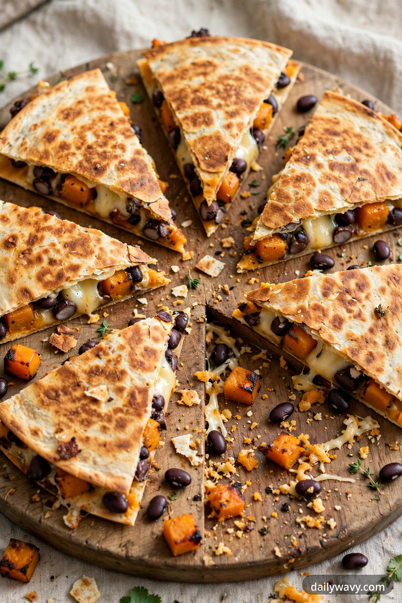 Black bean quesadilla with roasted squash, cut into wedges on a plate