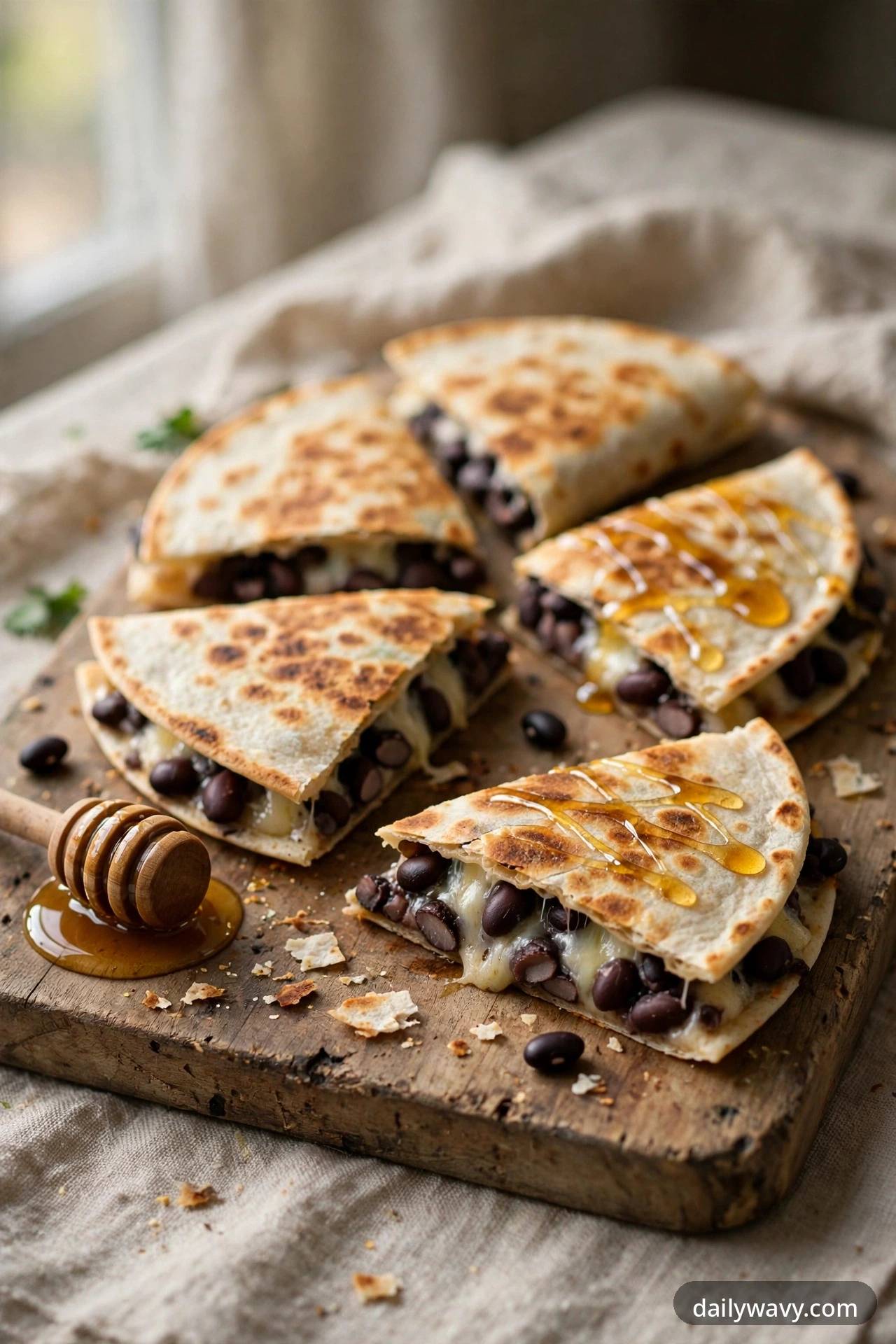 Black bean quesadilla with hot honey, cut into wedges on a plate