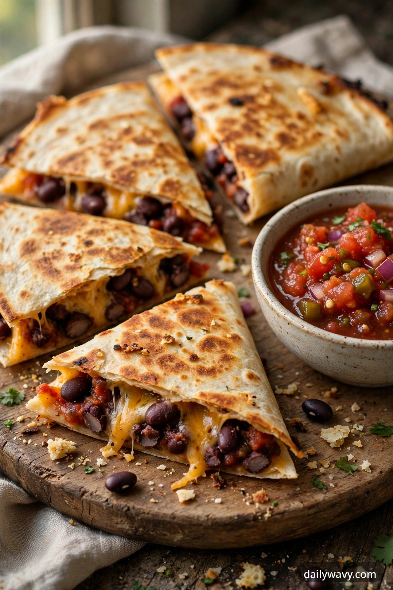 Black bean quesadilla with cheddar and salsa, cut into wedges on a plate