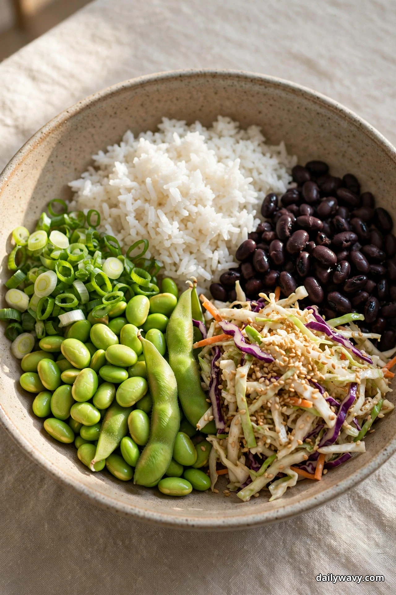 An overhead view of a speckled bowl of white rice and black beans sits beside a sesame cabbage slaw, shelled edamame and sliced scallions on linen