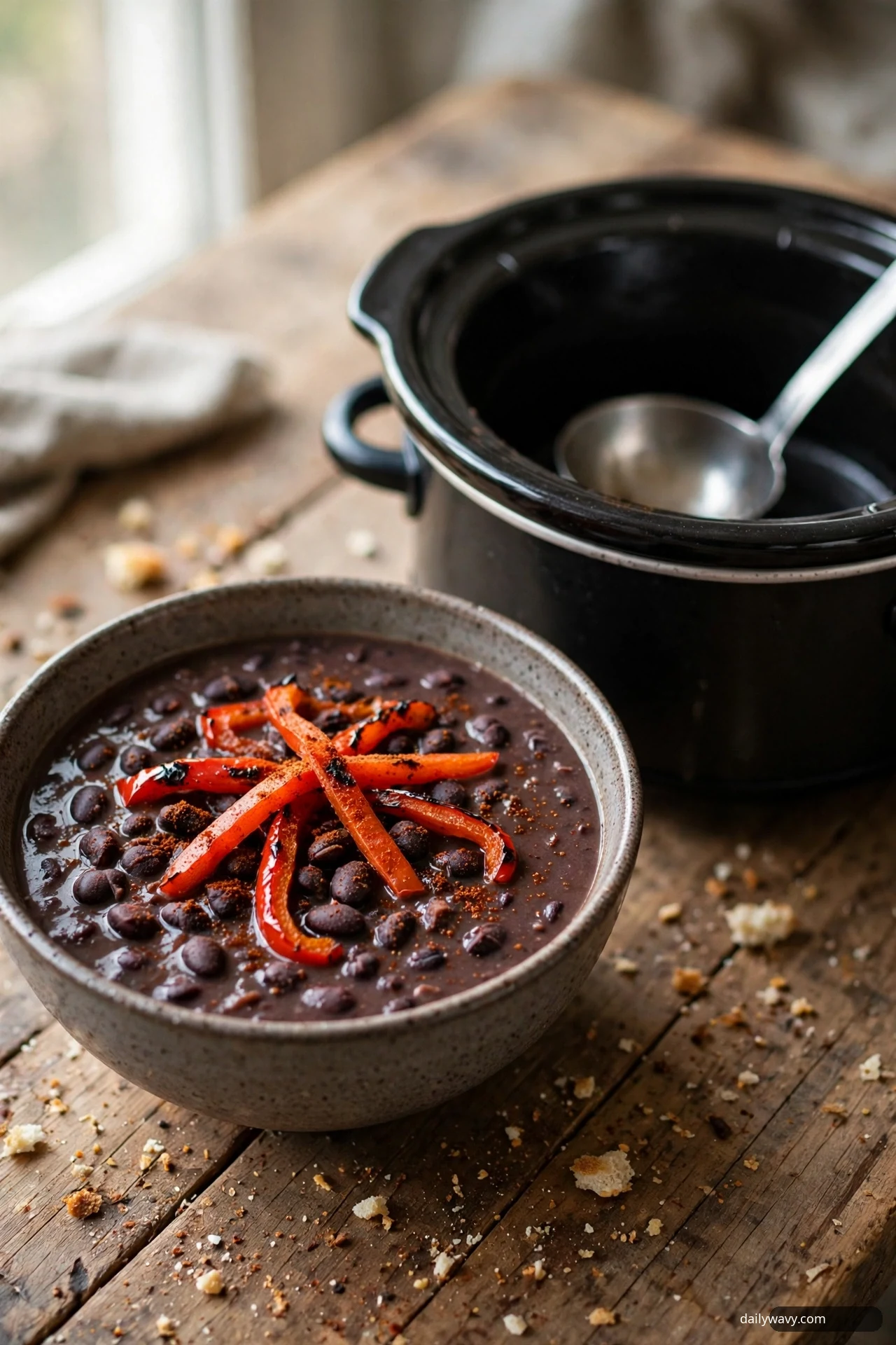 A bowl of black bean slow cooker soup topped with roasted red pepper strips and smoked paprika beside a black slow cooker.