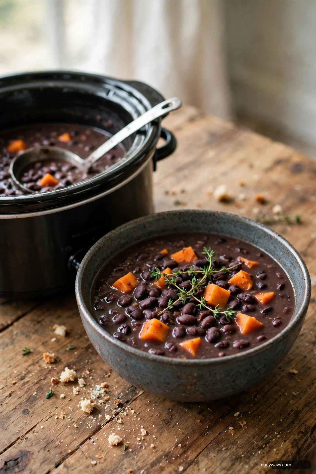 A bowl of black bean slow cooker soup with sweet potato cubes and thyme beside a black slow cooker.