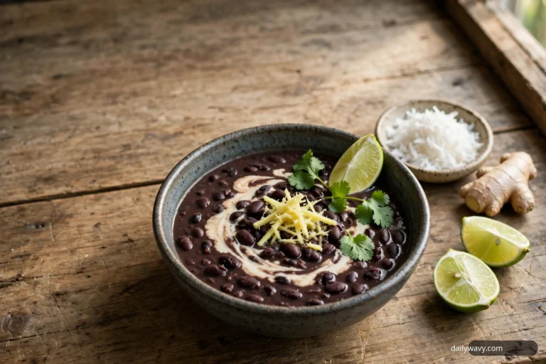 A bowl of black bean slow cooker soup with coconut cream swirl, fresh ginger and lime on a rustic table.
