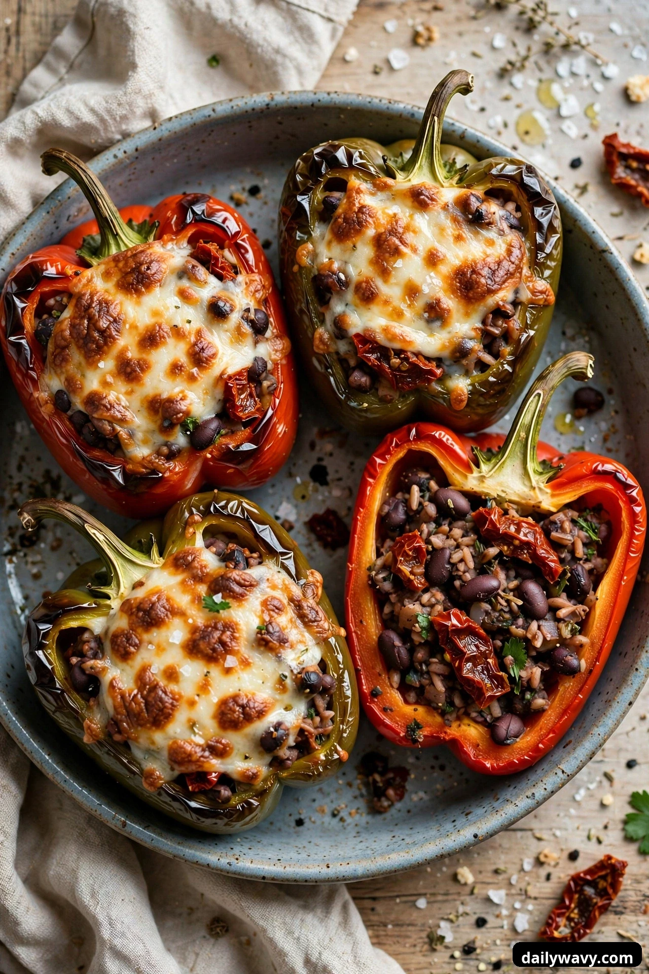 Four roasted pepper halves rest on a speckled plate under bubbly browned mozzarella, and the open red half shows sun-dried tomato pieces in the black bean and grain filling.