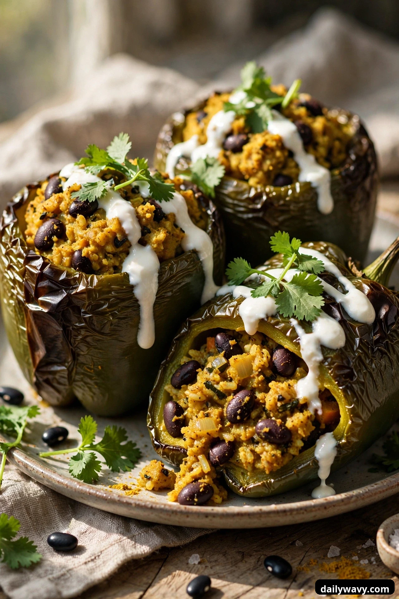 Three roasted green peppers hold golden curry-spiced bean and rice filling, each drizzled with yogurt and topped with cilantro, the front one cut open showing the filling.