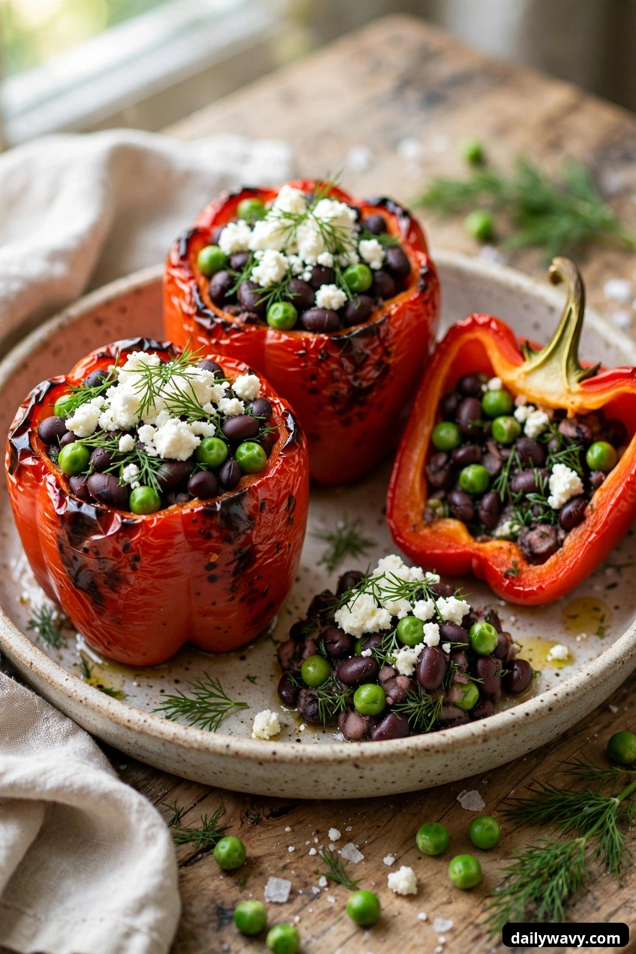 Roasted red peppers hold black beans and bright green peas topped with crumbled feta and dill, one half lying cut open beside a spoonful of the filling.