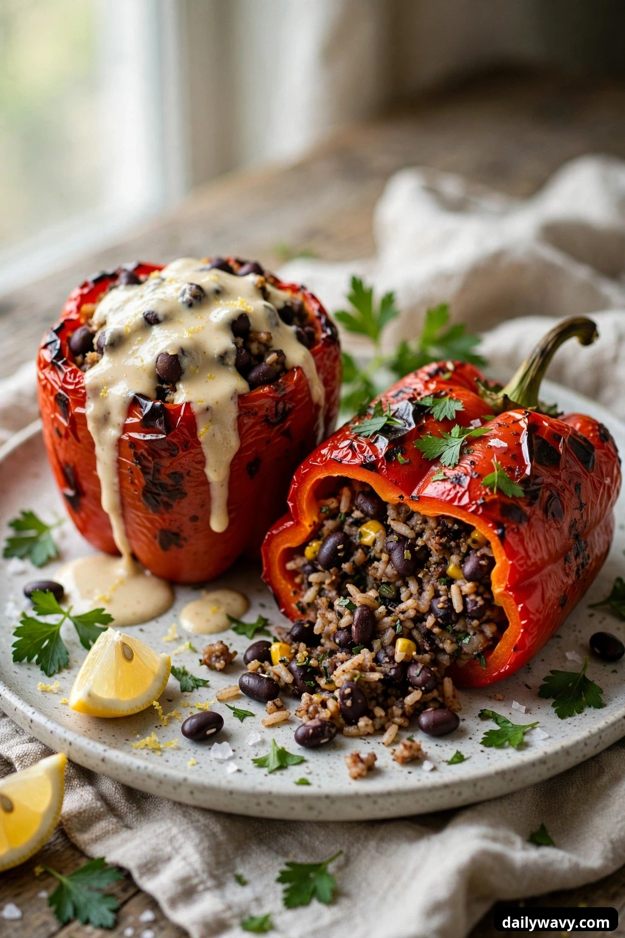 Two roasted red peppers sit on a plate, one whole under creamy tahini sauce dripping down its sides, the other cut open showing the black bean and grain filling.
