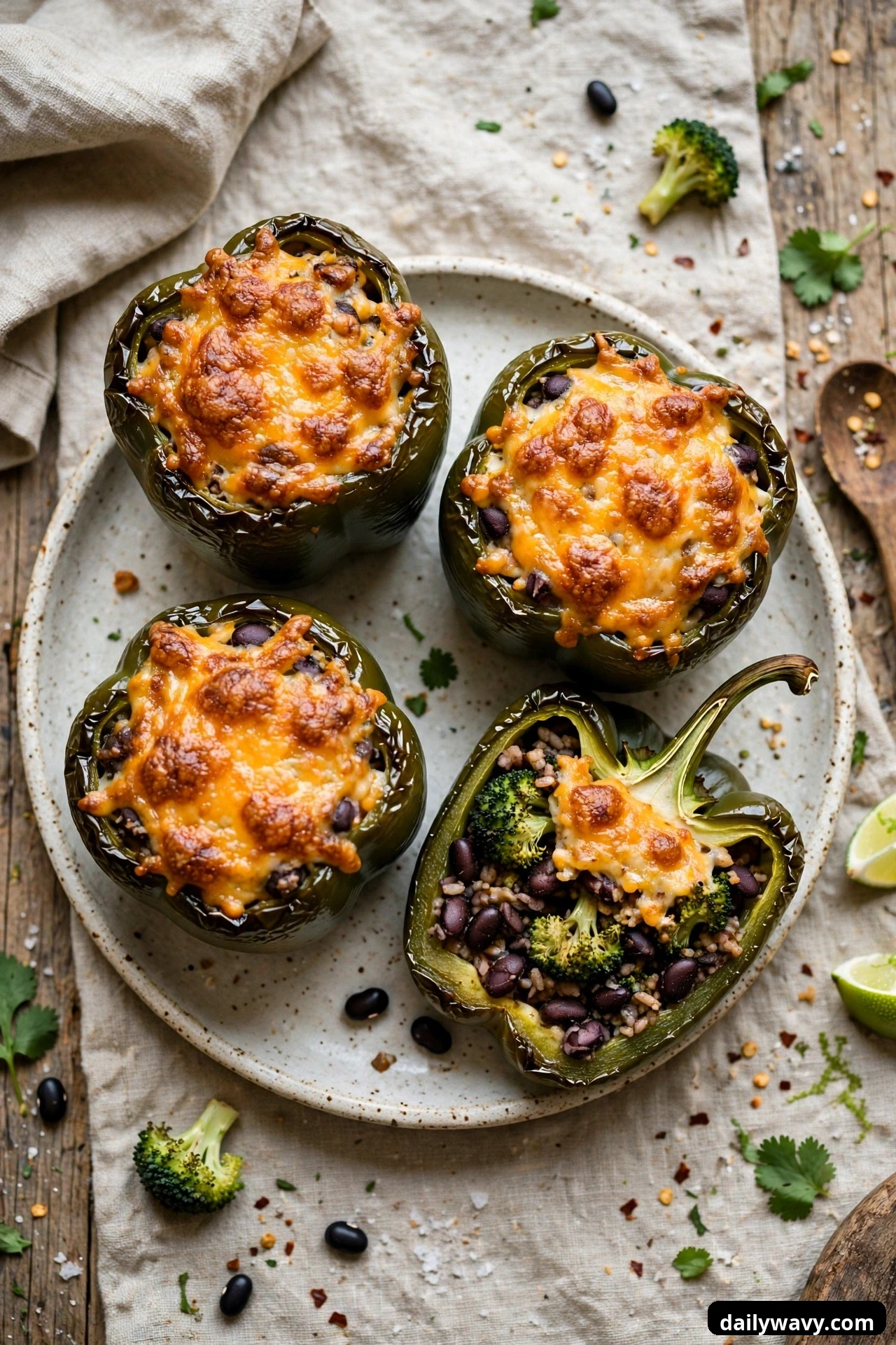 Four green peppers rest on an oval plate, three whole under bubbly browned cheddar, the fourth cut open showing broccoli florets in the black bean and rice filling.