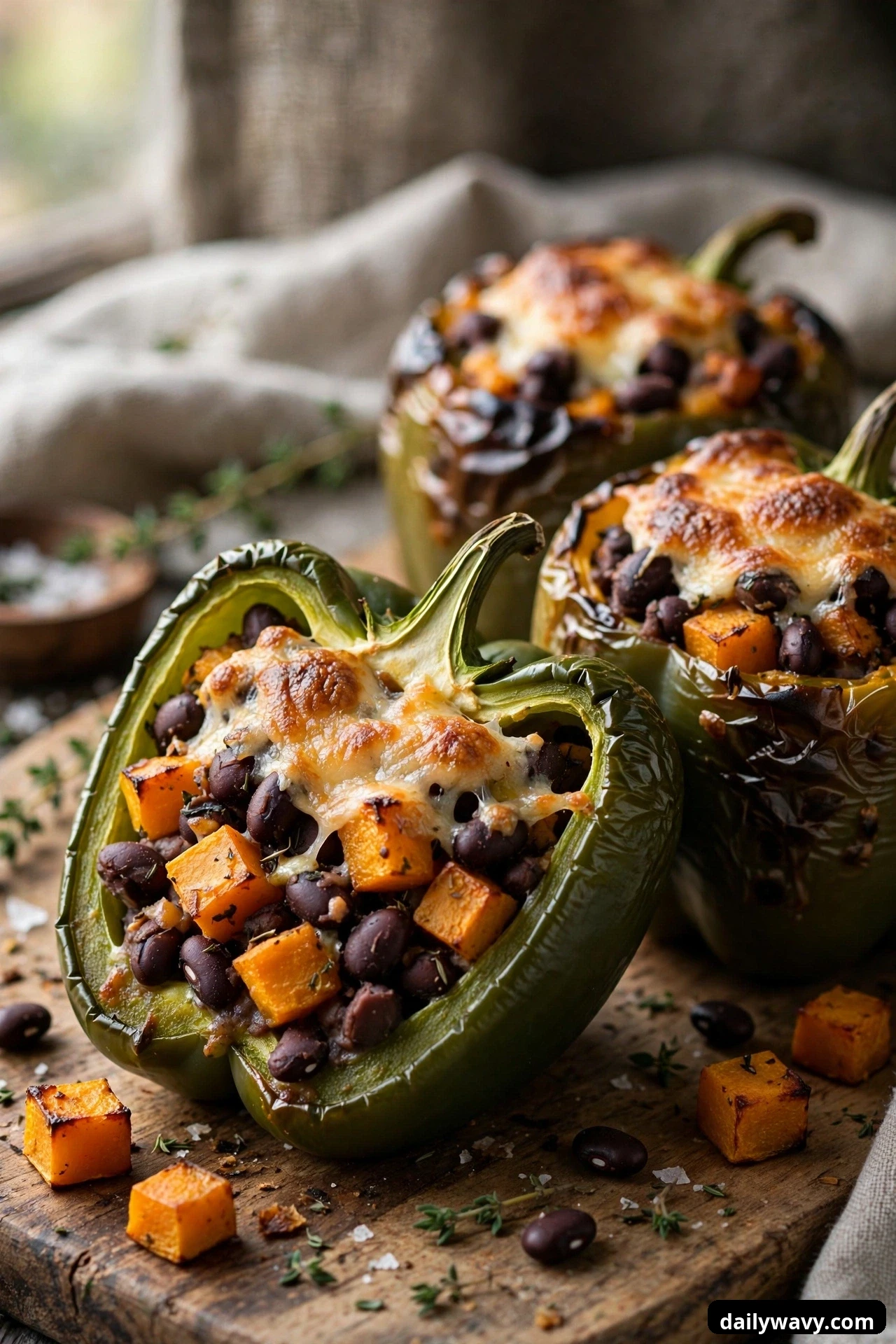 A green pepper half lies cut open on a wooden board showing roasted butternut squash cubes and black beans under melted cheese, two whole stuffed peppers behind it.