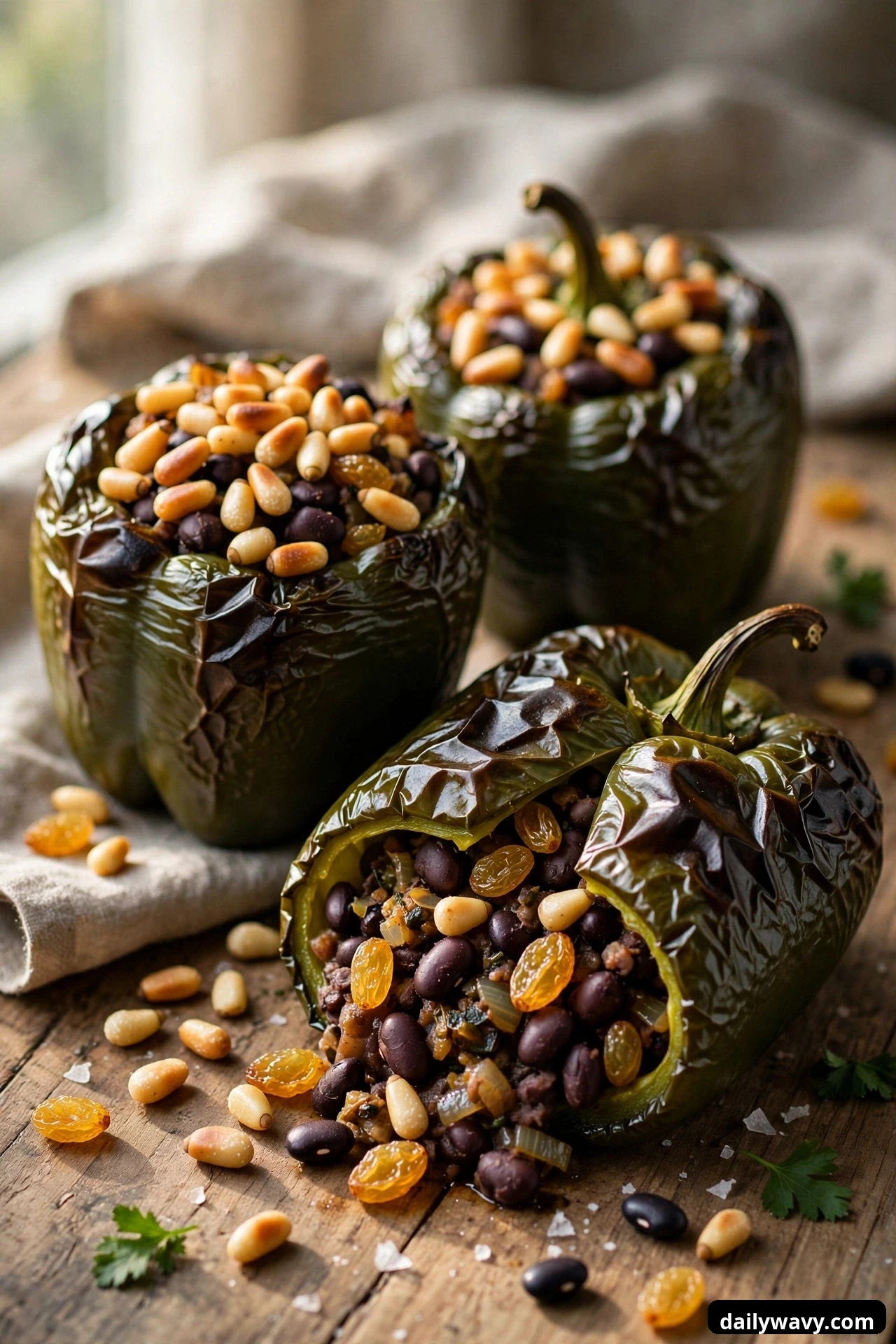 Three dark green roasted peppers are heaped with toasted pine nuts, the front one on its side with bean filling, golden raisins, and pine nuts spilling out.