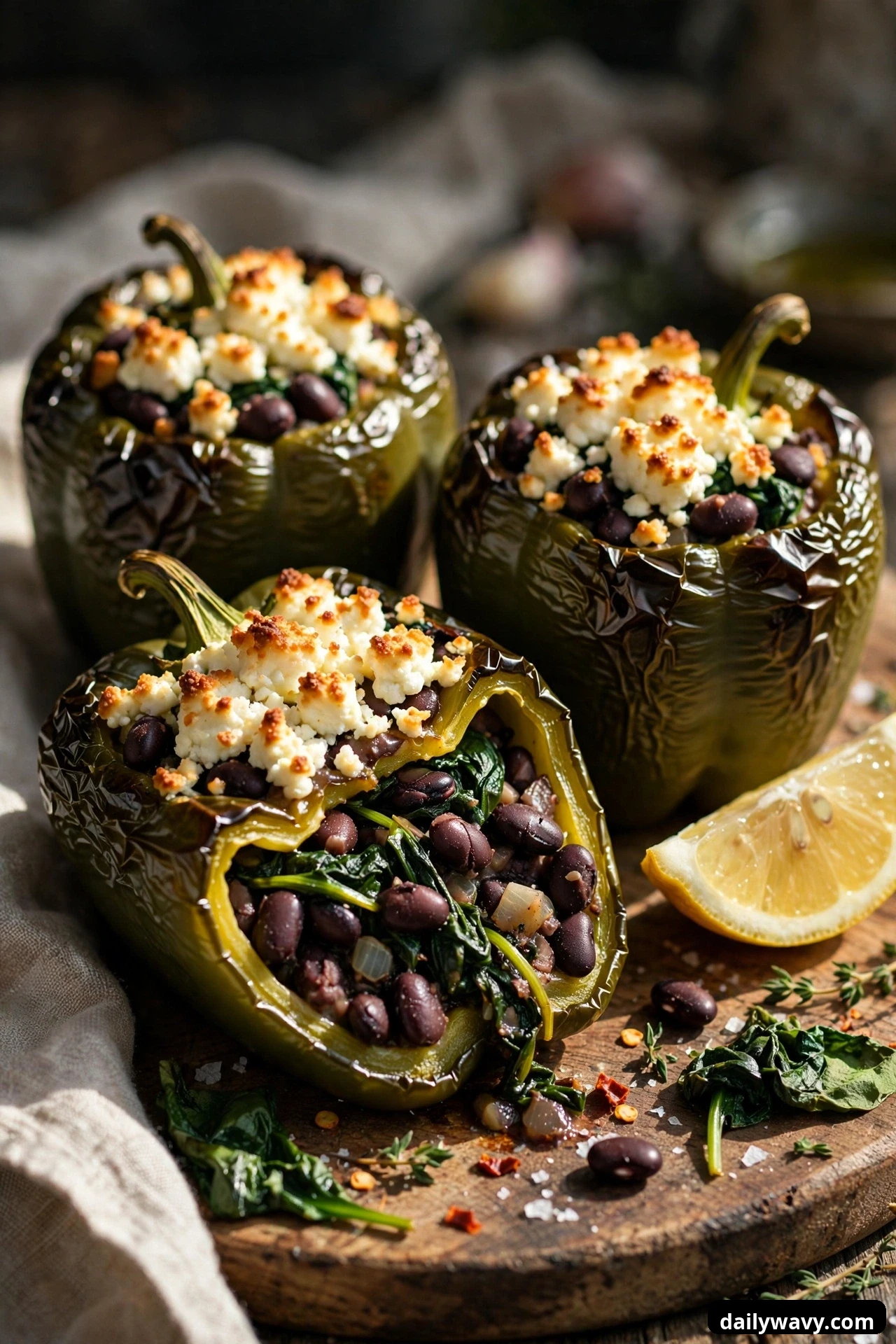 Three green peppers are topped with golden-browned crumbled feta, the front one lying cut open on a wooden board showing wilted spinach in the bean filling, a lemon wedge beside it.