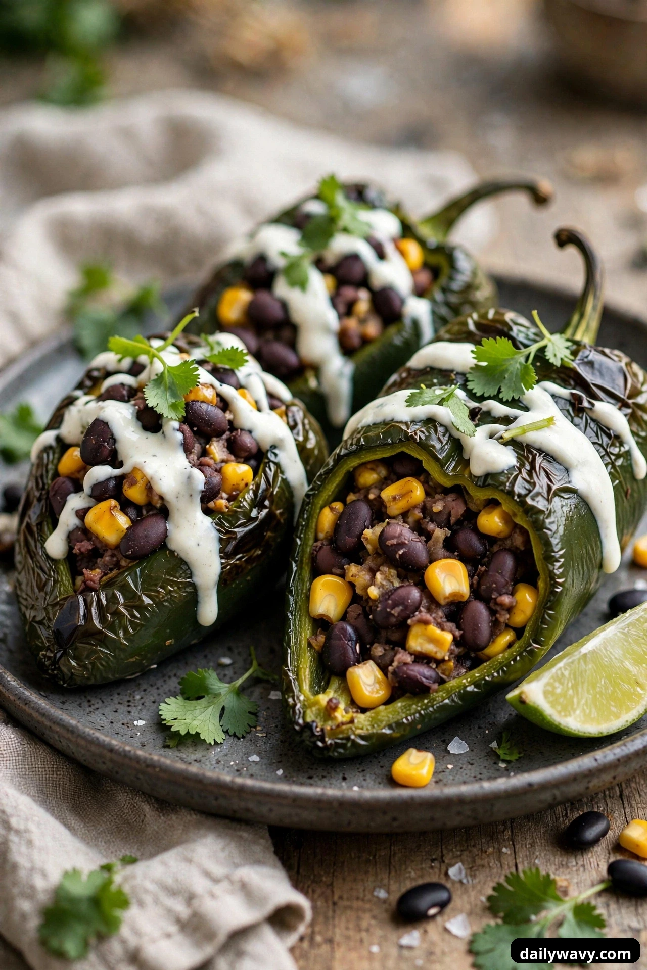 Three green peppers are drizzled with white lime crema and cilantro, the front one lying cut open showing corn kernels in the black bean filling, a lime wedge alongside.