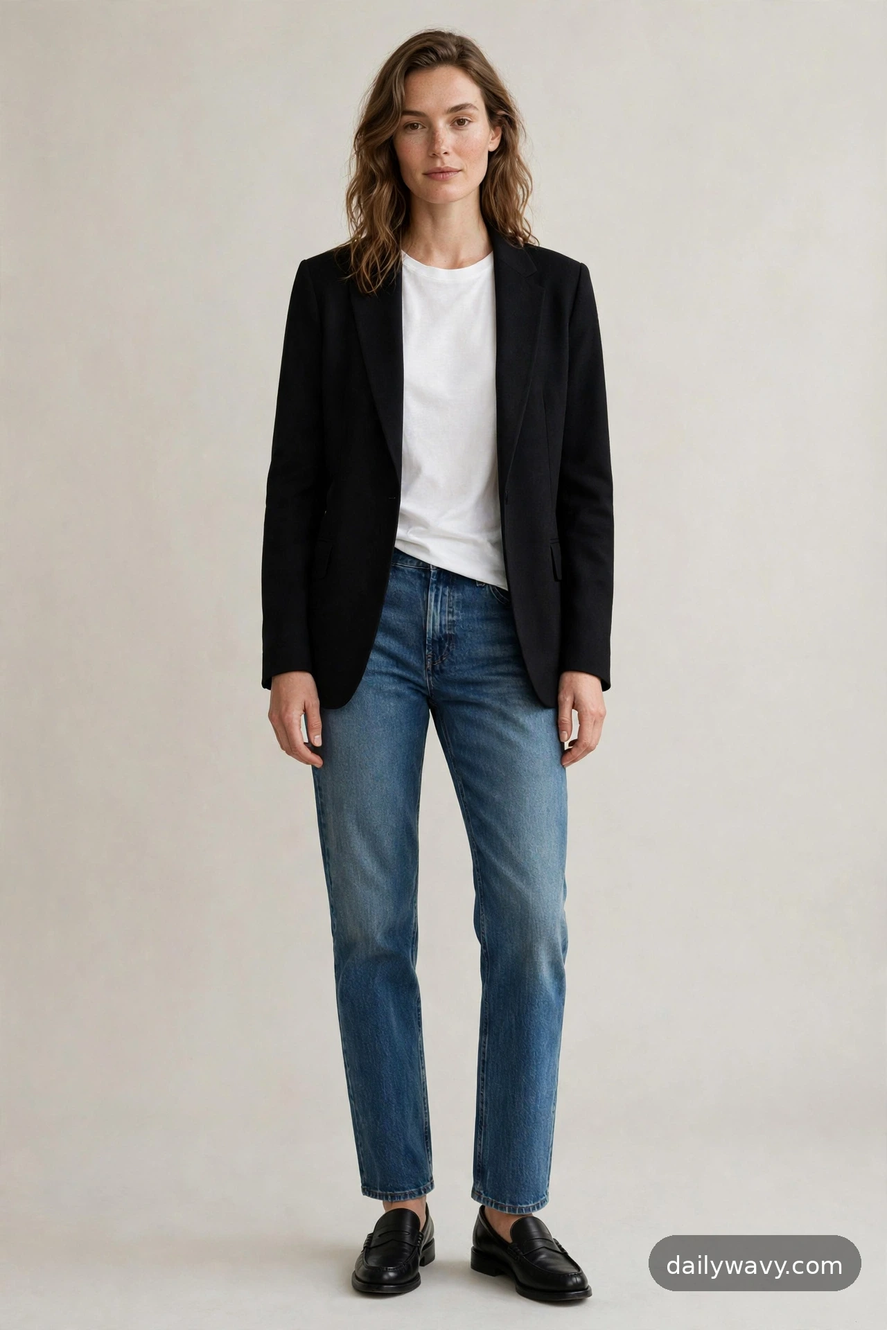 Adult model wearing a black blazer with a white tee, straight jeans and loafers