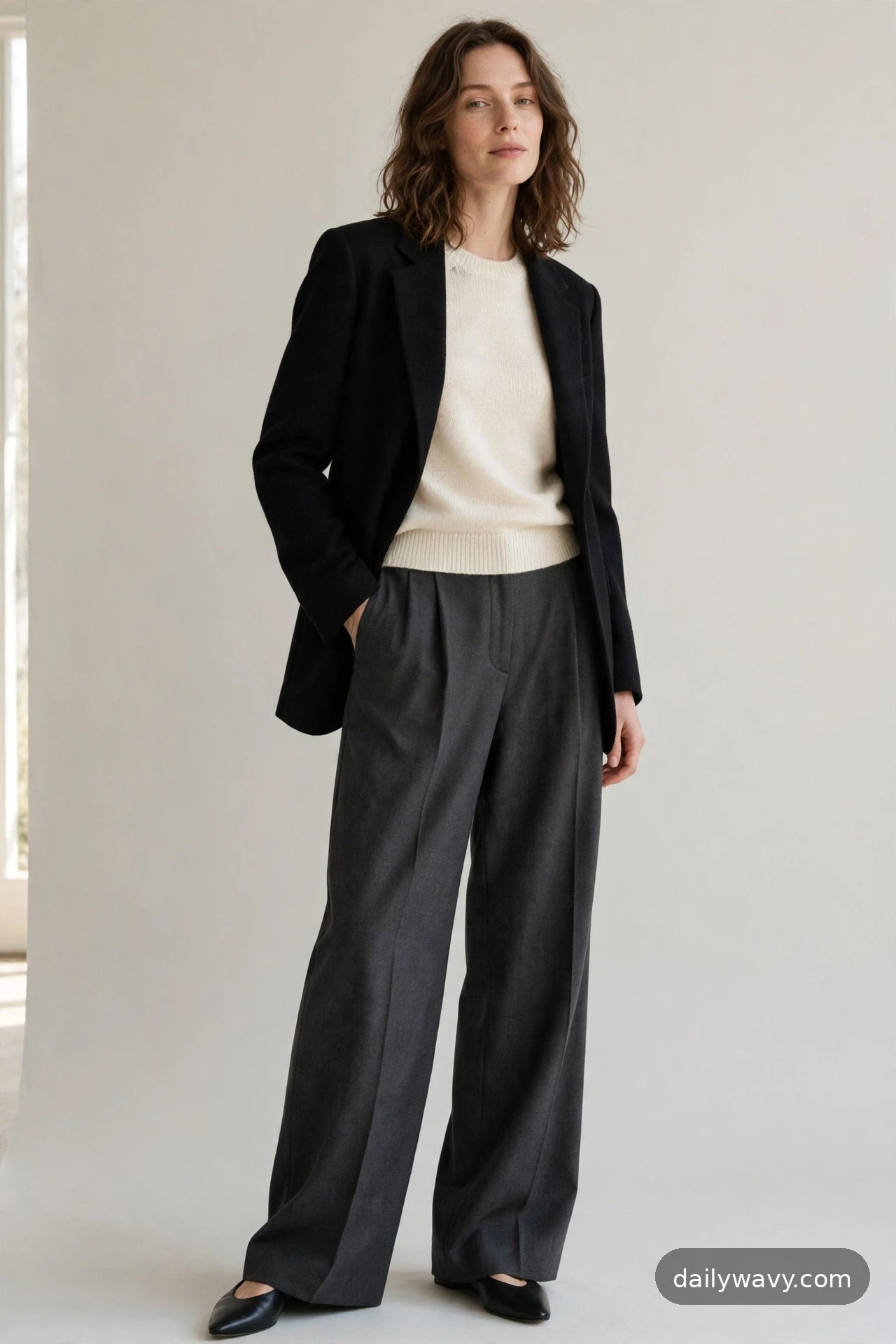 Adult model wearing a black blazer with a fine knit, wide trousers and flats
