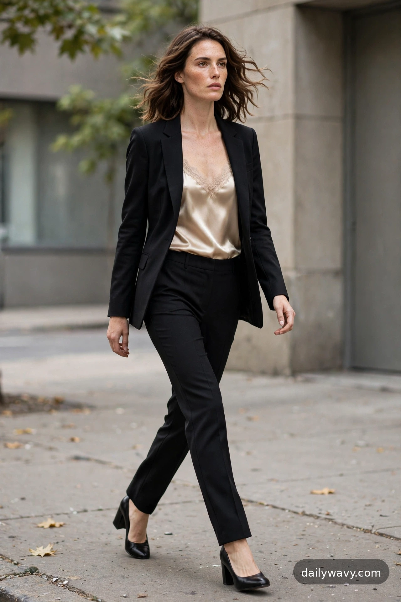 Adult model wearing a black blazer with a silk-look cami and tailored pants