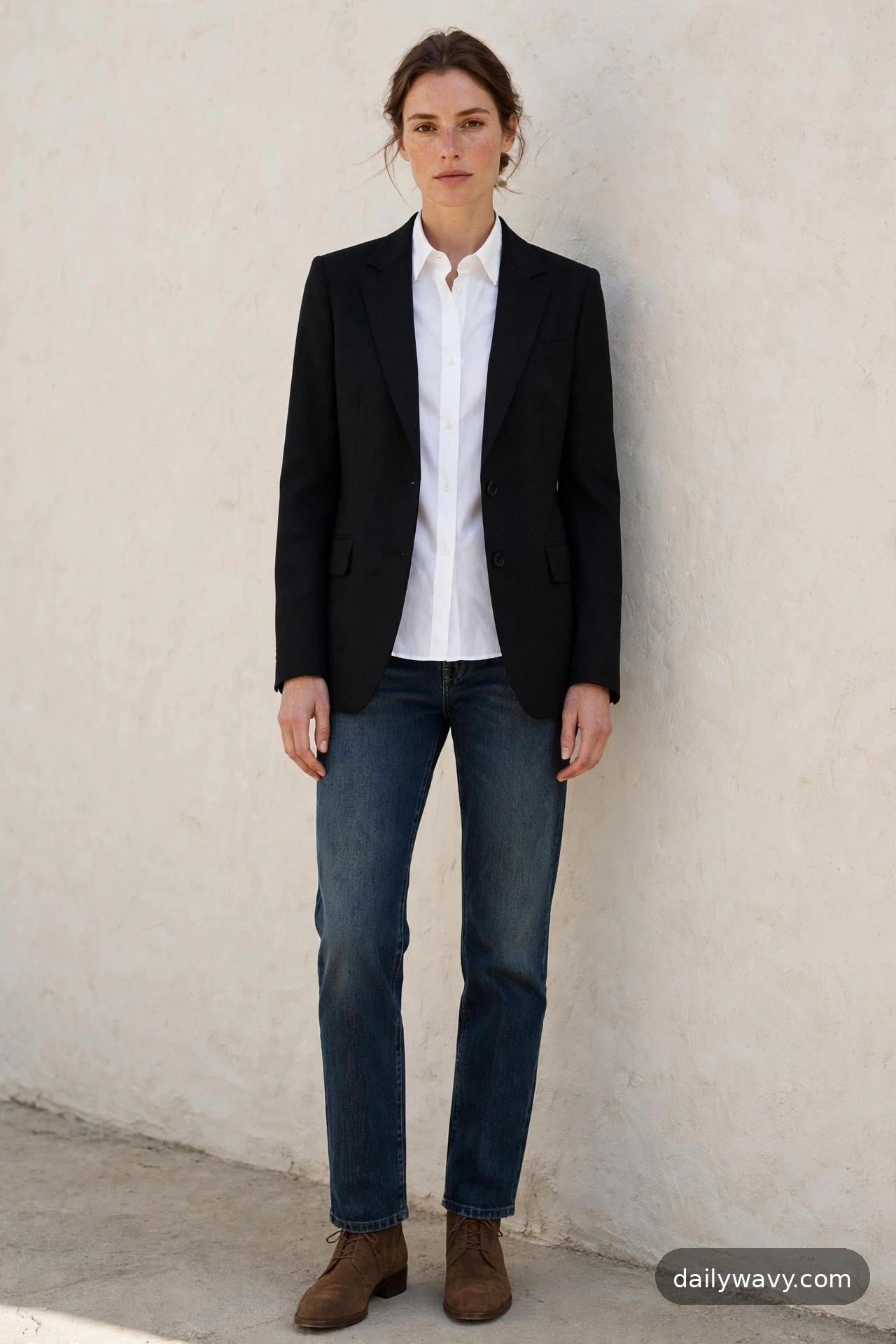 Adult model wearing a black blazer with a cotton shirt, dark jeans and boots